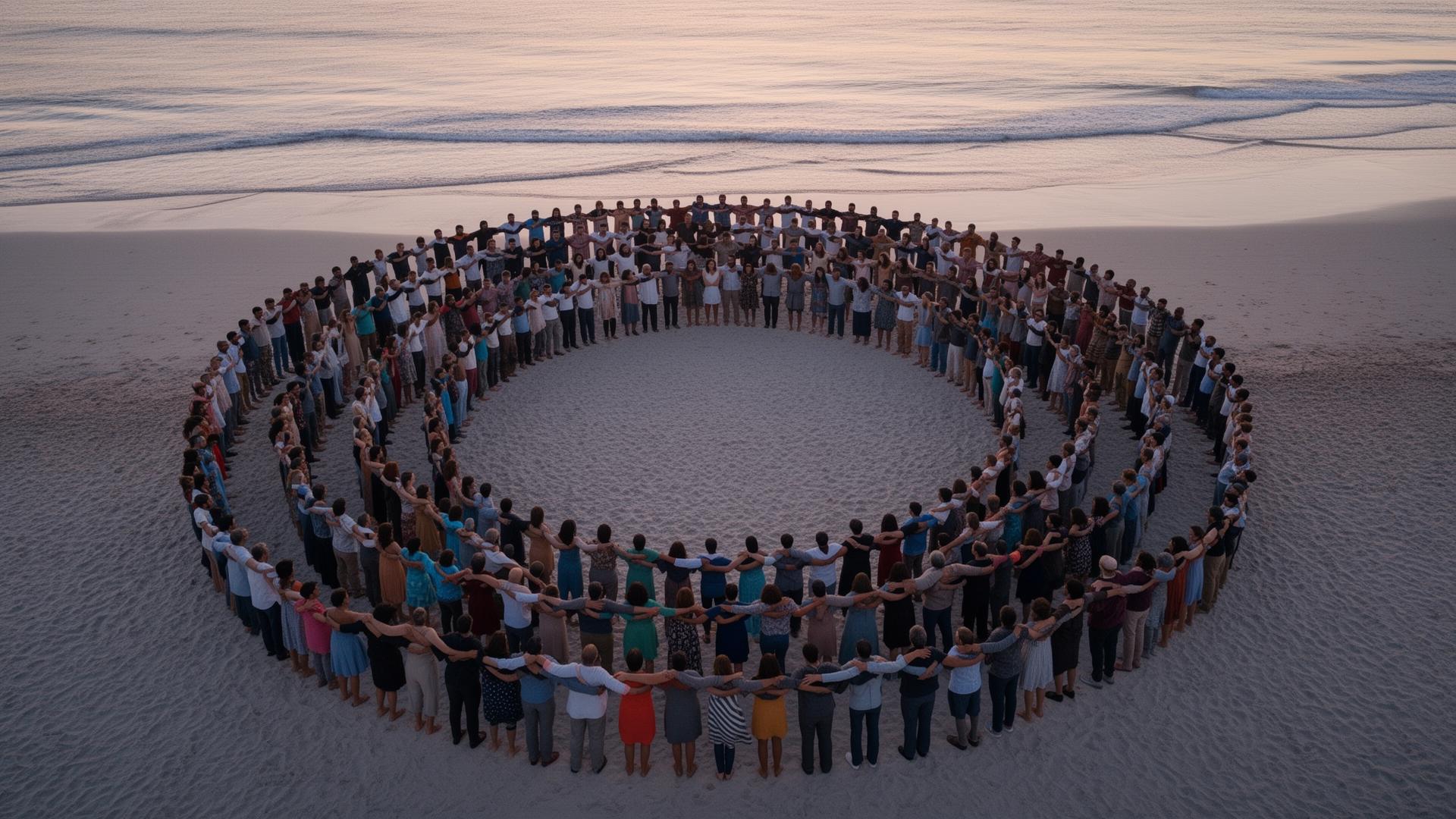 Thousands of people forming a circle on the beach