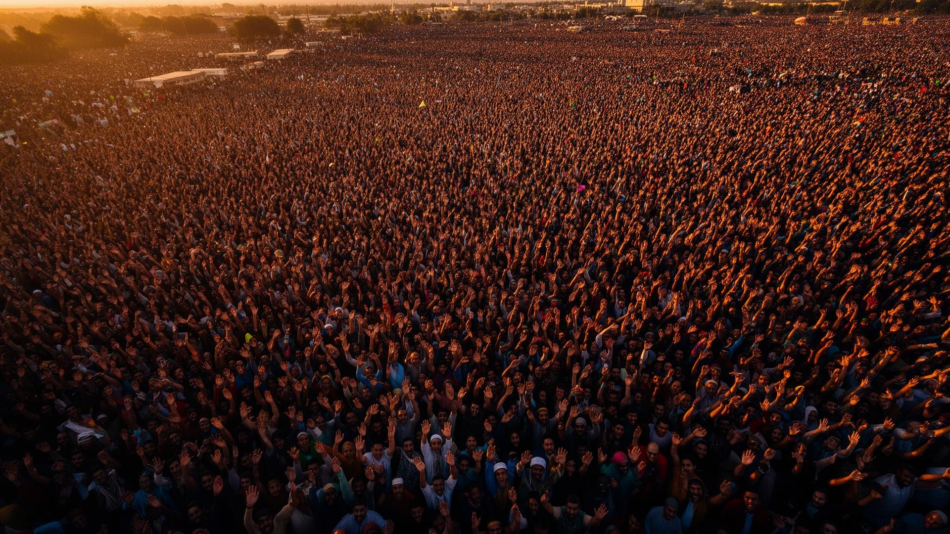 Massive global gathering at sunset